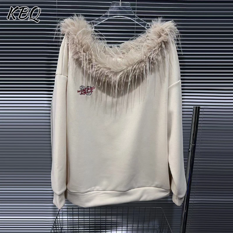 KBQ новый лоскутный свитшот с вышивкой и перьями для женщин пуловер v-образным