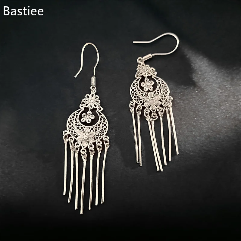 Bastiee Bohemia Style Earrings for Women 999 Pure Snow Silver Ear Jewelry Exquisite Quality Handmade Eardrop Pendientes Mujer