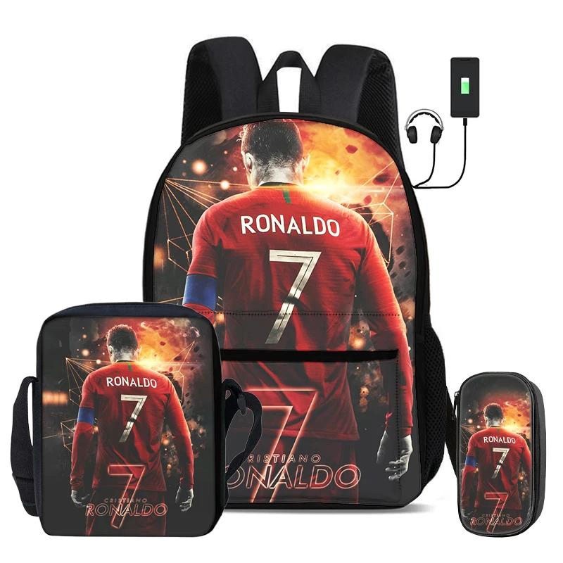 Набор школьных сумок Ronaldo из 3 предметов: рюкзак с USB-интерфейсом, сумка через плечо CR Football Star, спортивная сумка для карандашей, детский рюкзак (art.: 3920db838220c) - 3920db838220c
