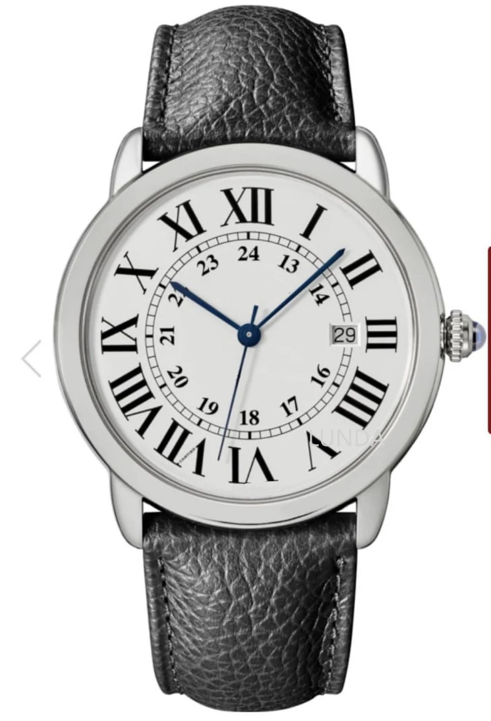 

Luxury New Men Watch Silver Black Leather White Rome Number Dial Crystal Sapphire StopWatch