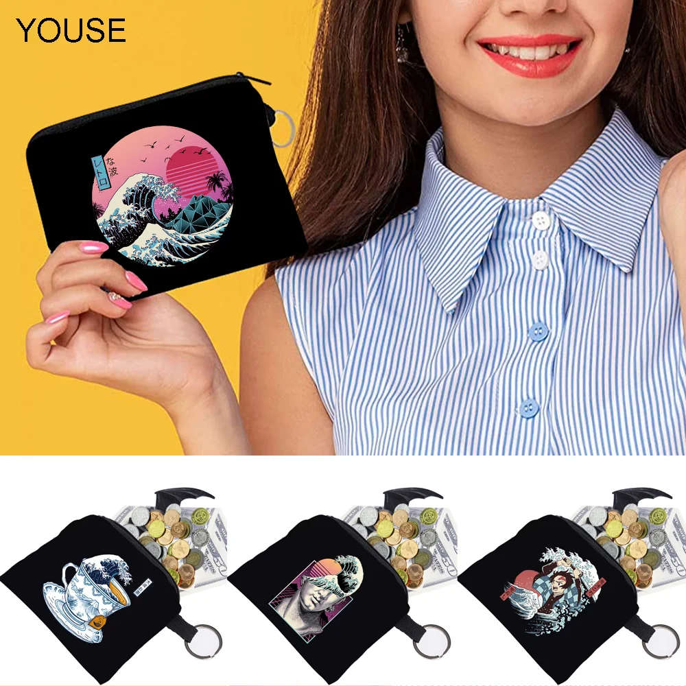 

Mode Brieftasche Frauen Welle Muster Druck Kleinen Münzfach Schlüsselbund Tasche Leinwand Weibliche Zipper Geldbörse Organizer