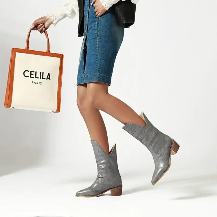 

Women's Pointed Toe Chunky Heels Ankle Boots PU Leather Serpentine Roman Style Lady's Comfortable Large Size Booties Winter