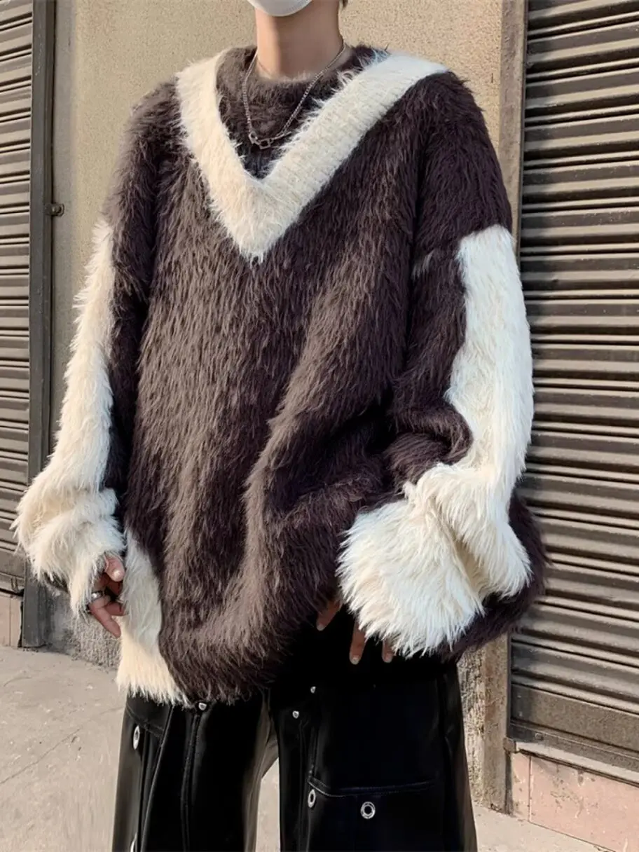 Осенне-зимний плюшевый контрастный лоскутный свитер из меха анти норки для