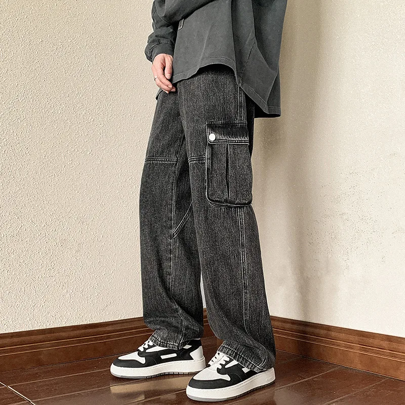 Baggy Pocket Jeans Men Fashion Casual Wide Leg Cargo Jeans Men Streetwear Loose Hip Hop Straight Denim Pants Mens Trousers S-2XL