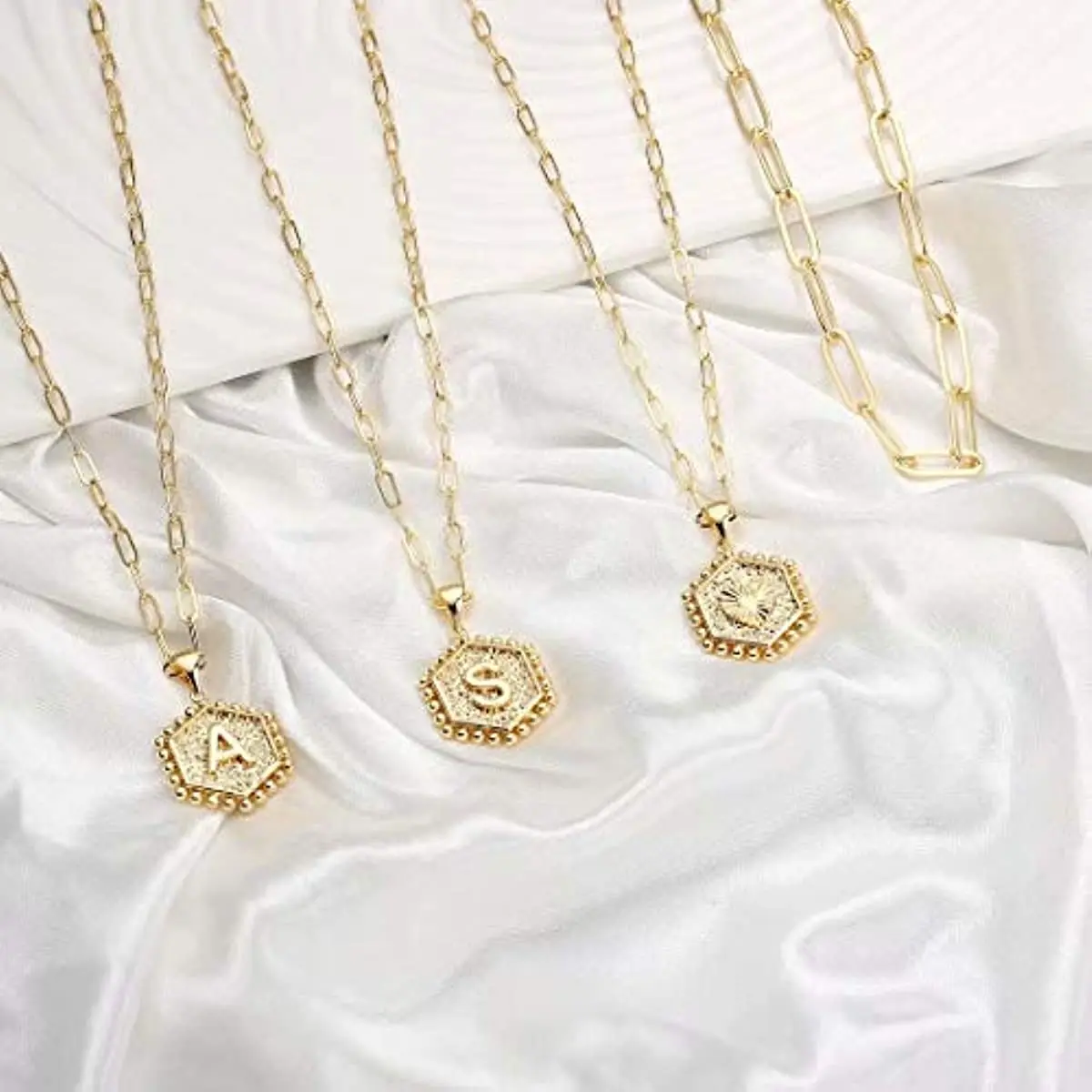 Layered Initial Necklaces for Women, Plated Paperclip Chain Necklace Simple Cute Hexagon Letter Pendant Initial Choker Necklace