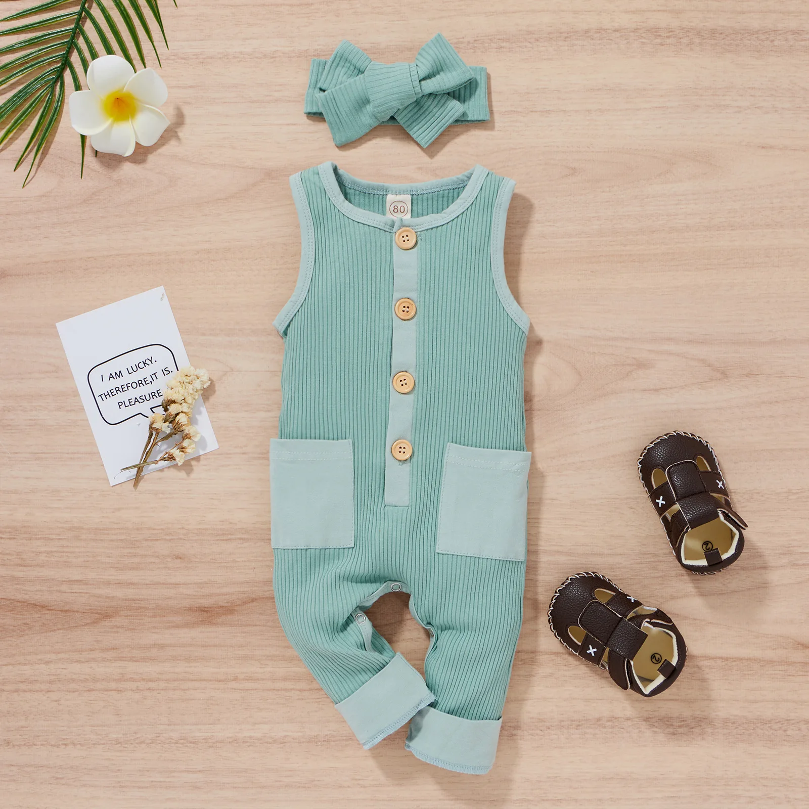 

Baby Girl Clothes Newborn Romper Infant Solid Headband + Ribbed Sleeveless Bodysuit Toddler Children Outfits Jumpsuit For Kids