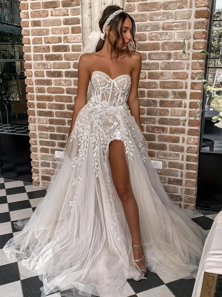 

Богемные Свадебные платья с высоким Боковым Разрезом 2023 Кружевная аппликация Милая принцесса свадебное платье