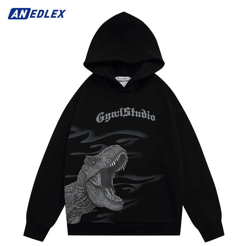 

Men Streetwear Hoodie Sweatshirt Hip Hop Letter Dinosaur Graphic Hoodie Cotton Autumn Men Hooded Pullover Harajuku Sweat Shirt