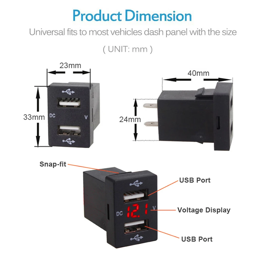 Двойной автомобильный зарядник с двумя USB-портами 2.1A 12-24V с LED-индикатором для мобильного телефона Toyota.