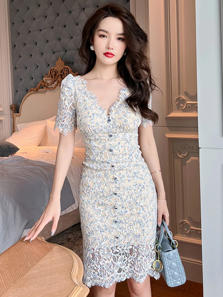 

Fashion French Elegant Women Evening Dress Lace Floral See Through Sexy Short Sleeve Slim Midi Party Gown Beach Mujer Vestidos