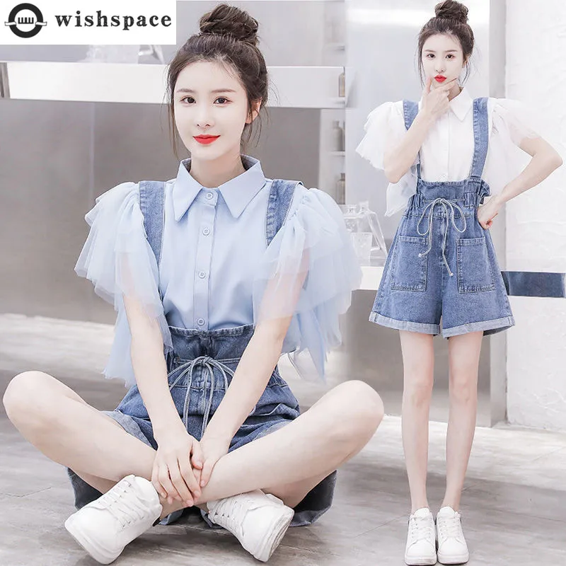 

Large Summer Suit 2022 New Style Foreign Style Shirt Top Women's Slim Denim Suspender Pants Two Piece Set Women's Suit