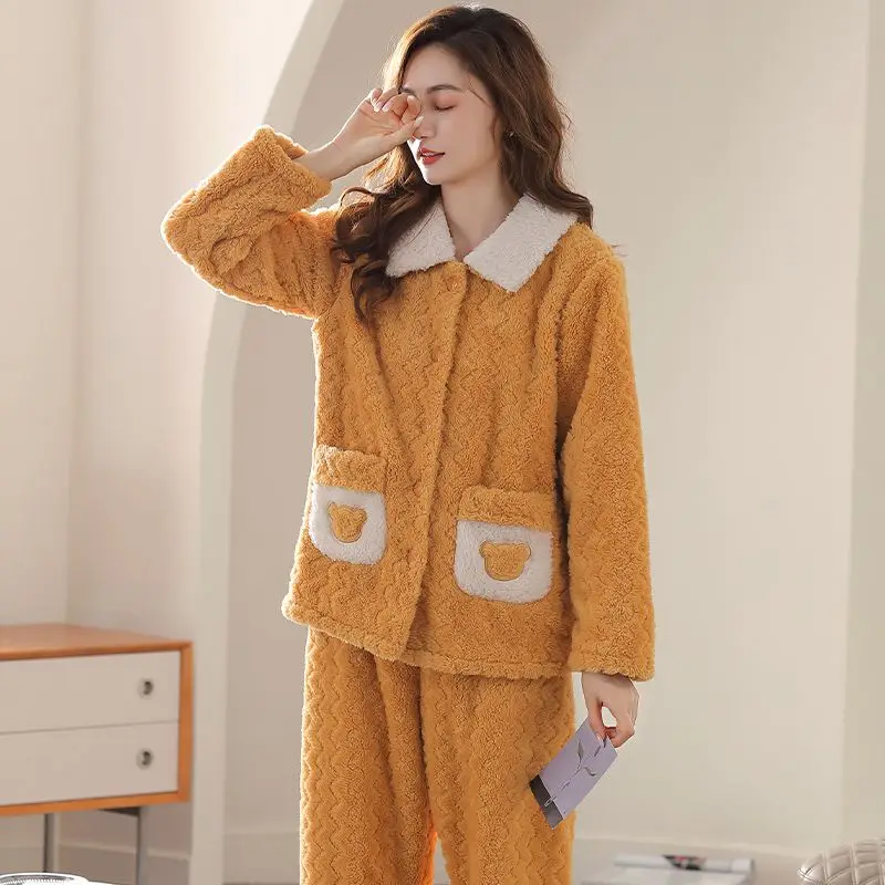 pajamas for women winter thicken warm long sleeve flannel nightwears woman two pieces sets sleepwear clothing female clothes