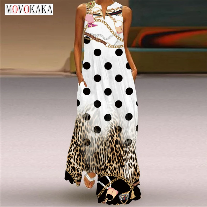 

MOVOKAKA Vintage Sleeveless Summer Dresses Women Beach Party Dots Printed Casual Long Dress Woman V Neck Elegant Dress For Women