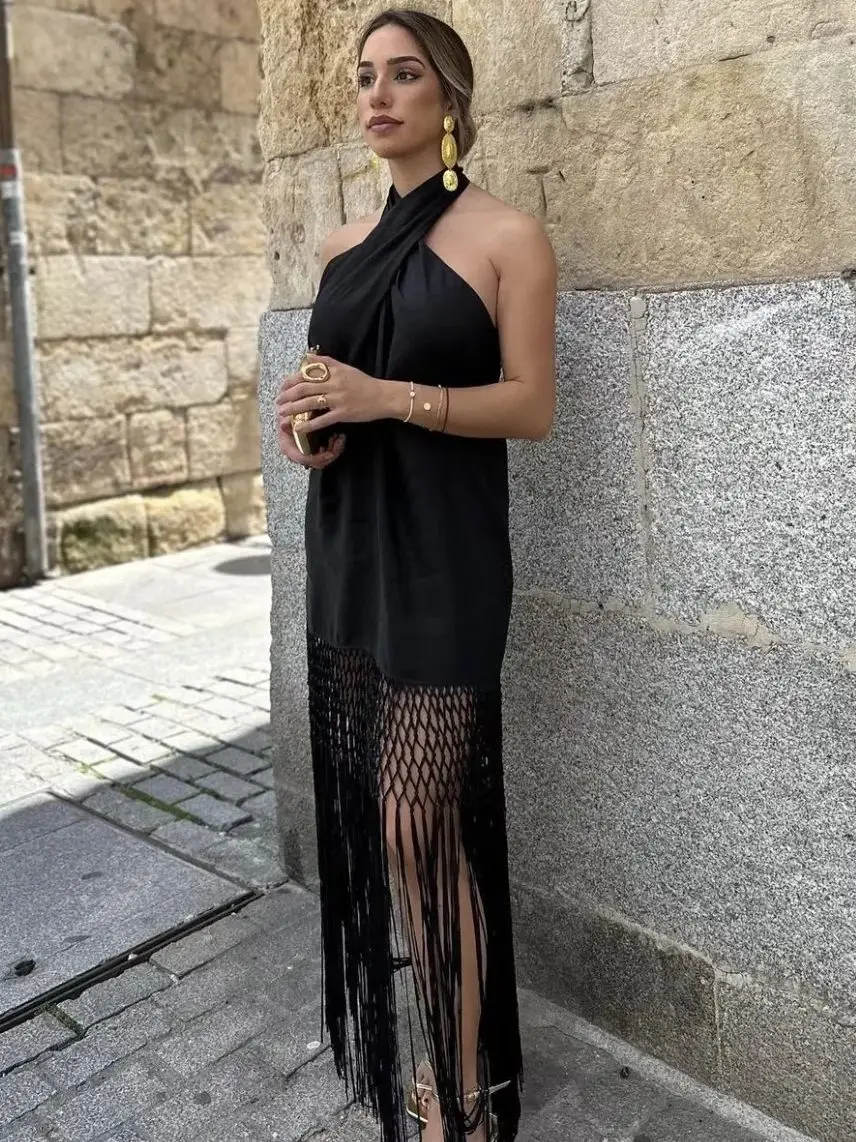 

Summer Women's Black Halter-waist Fishnet Fringe Long Dress Sexy Bohemian Style