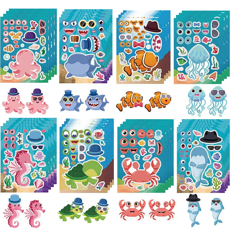 

6-24Sheets Children Make A Face Stickers Cute Cartoon Marine Animal Make Your Own Ocean Kid DIY Puzzle Stickers Party Favor Gift