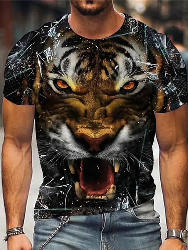 

2023 Summer Men's Printed Casual Crew Neck Short Sleeve T-Shirt Lion Tiger Eagle Wolf 3D Printed T Shirt
