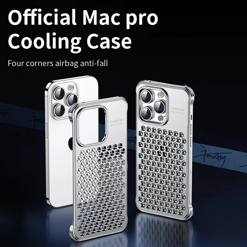 

For iphone 14 15 Pro Max Case Metal Aluminum Alloy Ultra thin Heat dissipation Four corner anti fall airbag Protective Cover