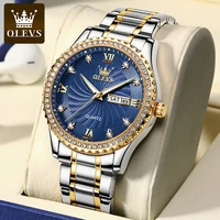 olevs mens watches top brand luxury diamond quartz watch fashion blue dial week calendar luminous waterproof watch for men 5565
