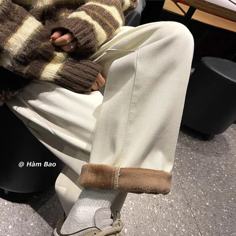 Winter Plush Thick Jeans Men Warm Fashion 4-color Straight Jeans Men Streetwear Korean Loose Thicken Denim Pants Mens Trousers