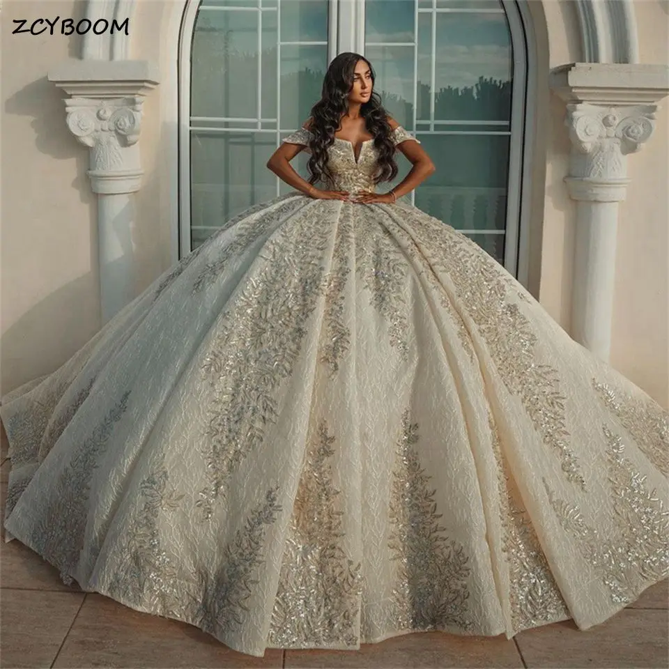 Купи Luxury Princess Glitter Sequins Ball Gown Off Shoulder Wedding Dresses 2023 Lace Appliques Bridal Gowns Illusion Robe De Mariee за 47,959 рублей в магазине AliExpress