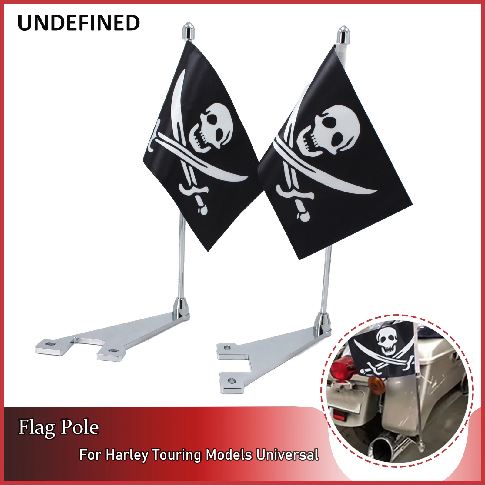 2PCS Motorcycle Pirate Flag Silver Rear Side Mount Pole Chrome Skull For Harley Luggage Rack Motorcycle Decorative Halloween