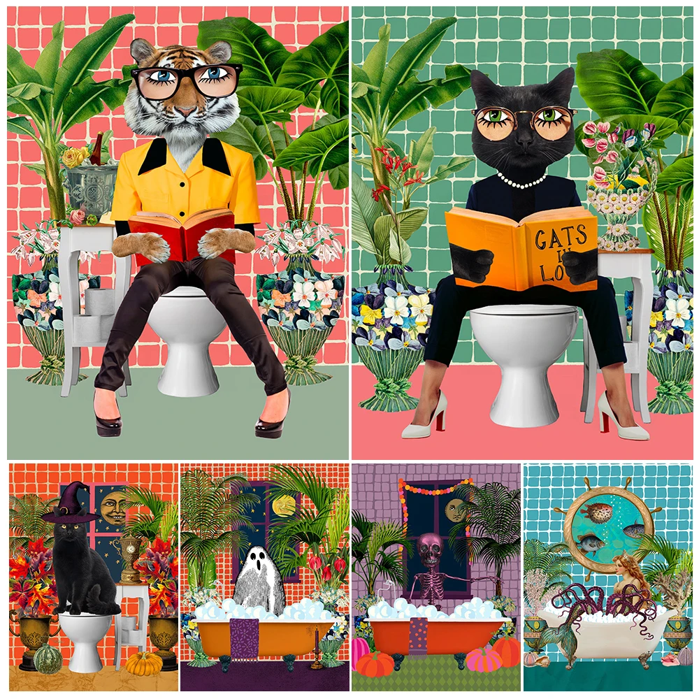 Настенный холст с изображением черной кошки и Тигра для ванной комнаты Забавный