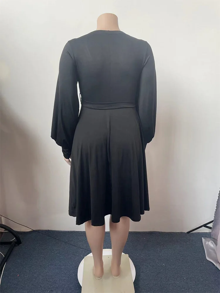 Plus Size Fit and Flare Dresses Women's Costumes Classic Deep V Neck Long Sleeve High Waisted Pleated Knee Length Robe
