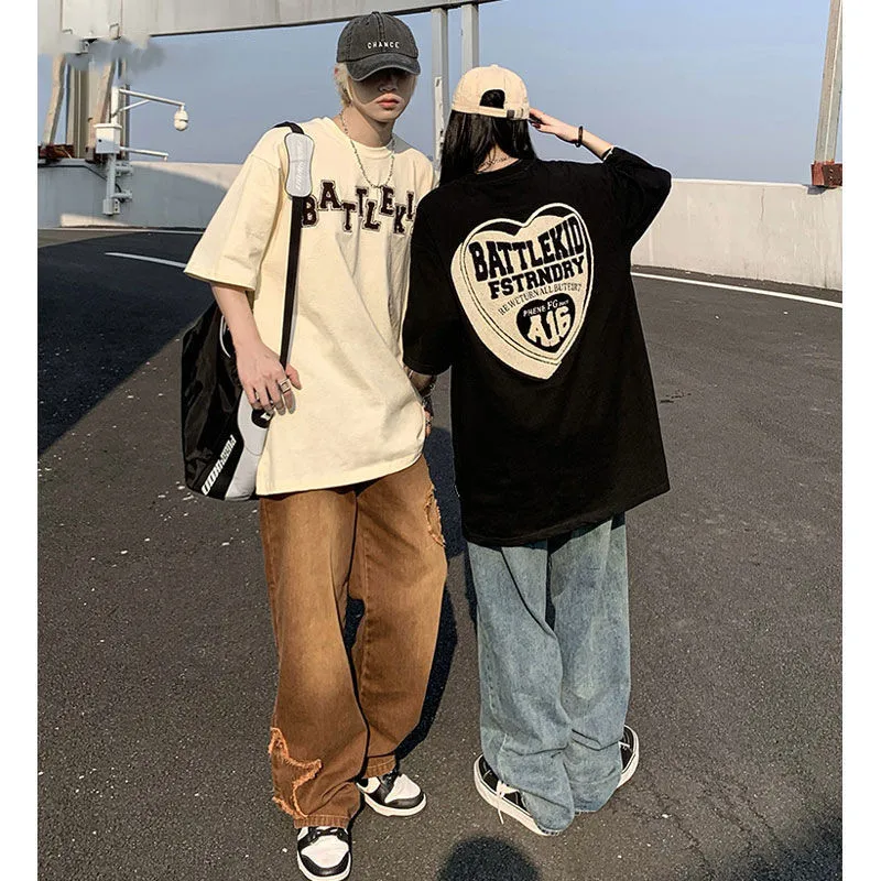 

STSVZORR Women's Short Sleeve Monogram Print Crew Neck T Shirt Top Couples Love Logo Casual Harajuku Style