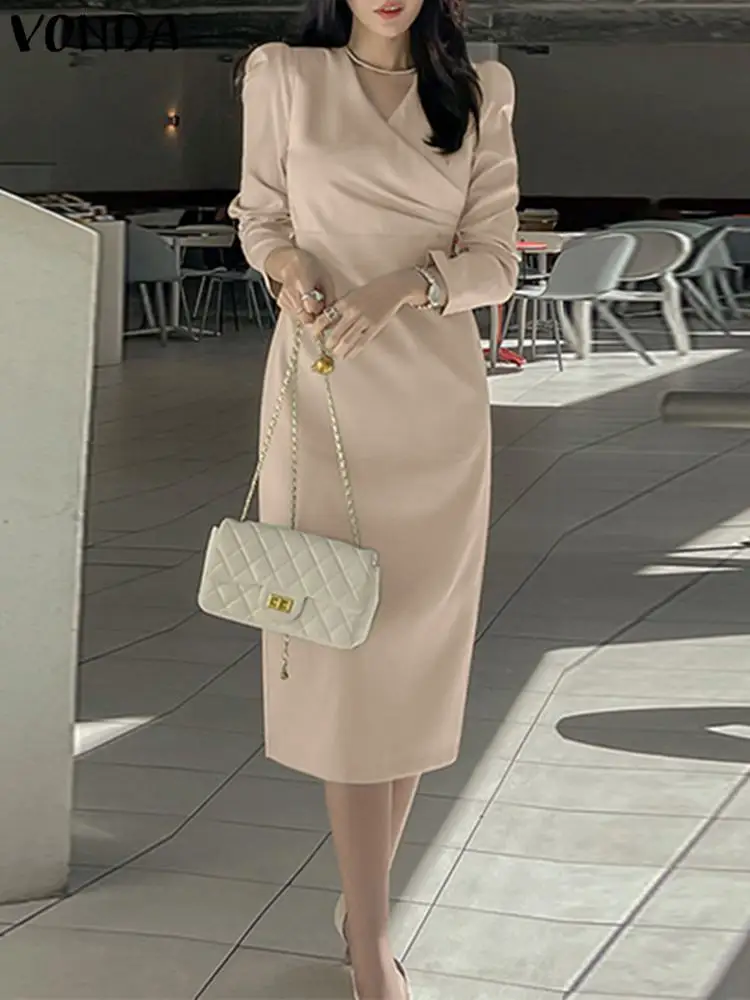 

Женский сарафан VONDA 2023, летнее элегантное платье-миди, сексуальное однотонное Плиссированное офисное Повседневное платье с V-образным вырезом и рукавами-фонариками 3/4