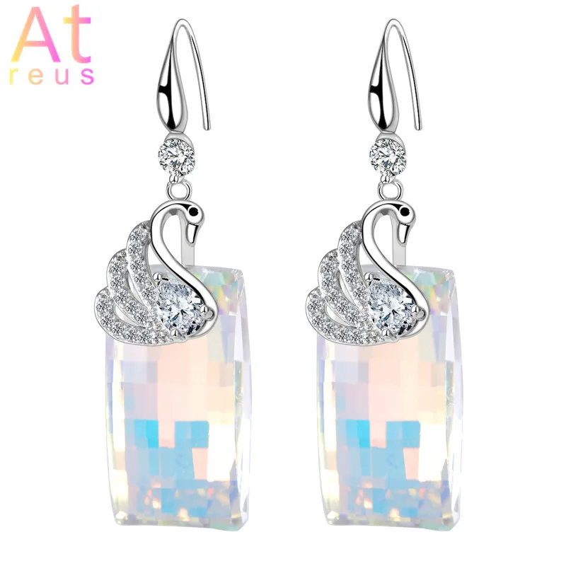 

White AB Colorful Crystal Rectangle Drop Earrings For Women Mom Mother's Day Gift Jewelry Elegant Swan Silver Plate Earrings