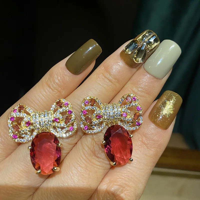 

Vintage French Bowknot Tassel Earrings Red Green High Carbon Diamond Wedding Gift for Guest Luxury Women's Jewelry Piercing