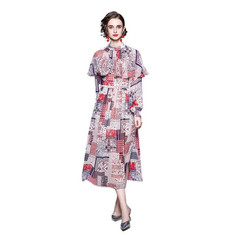 Simgent Women Fashion Dress 2022 Long Sleeve Ruffles A Line Elegant Midi Long Printing Dresses Woman Clothing Vestidos SG29118