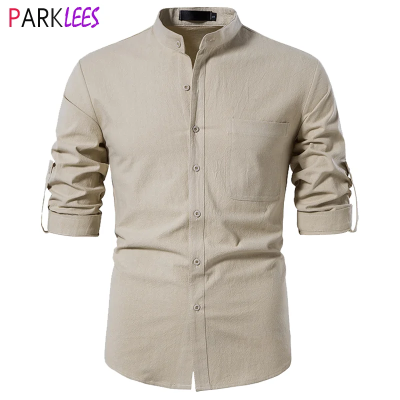

Mens Cotton Linen Henley Shirt Long Sleeve Button Down Beach Yoga Casual Summer Shirt Comfortable Roll Sleeve Chemise Homme 2XL