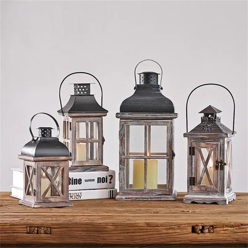 

Wooden Nordic Lantern Holder Ornament Windproof Lantern Retro Candle Stand For Church Wedding Decor Creative Candlestick Hanging