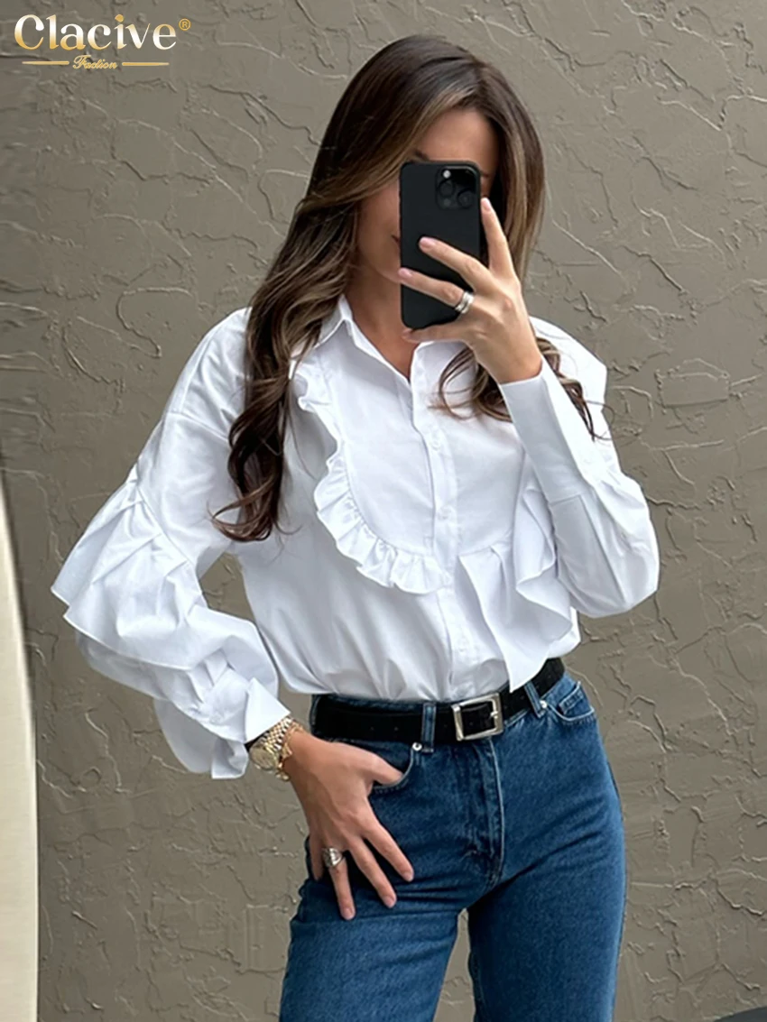 

Clacive Fashion White Woman Blouse 2024 Elegant Lapel Long Sleeve Office Lady Shirts Casual Ruffle Solid Top Female Clothing