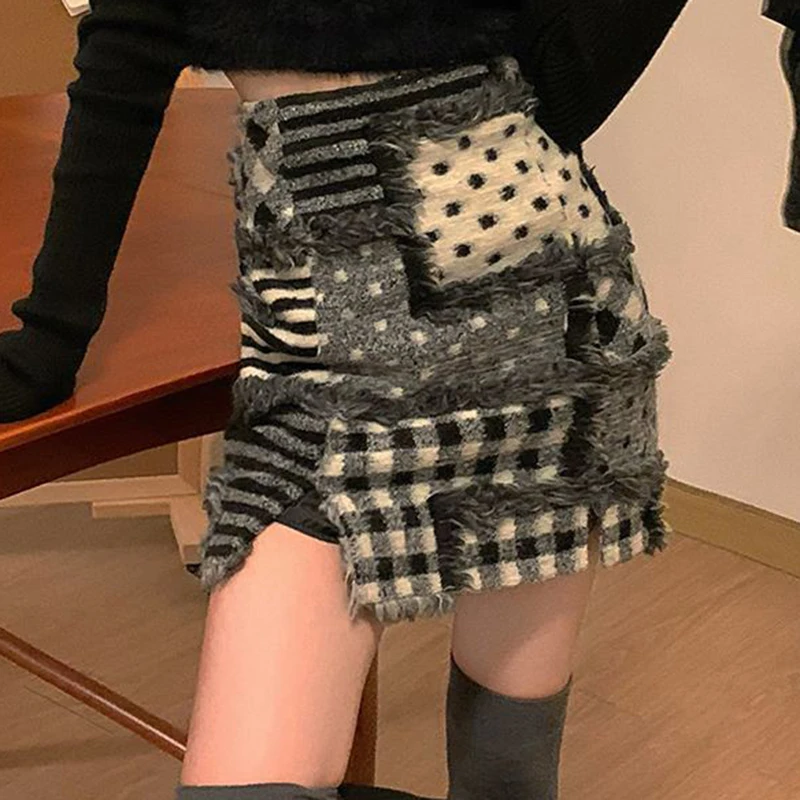 Splice woolen half skirt women's high waist loose hip wrap skirt autumn Korean slim design split skirt  faldas  Casual