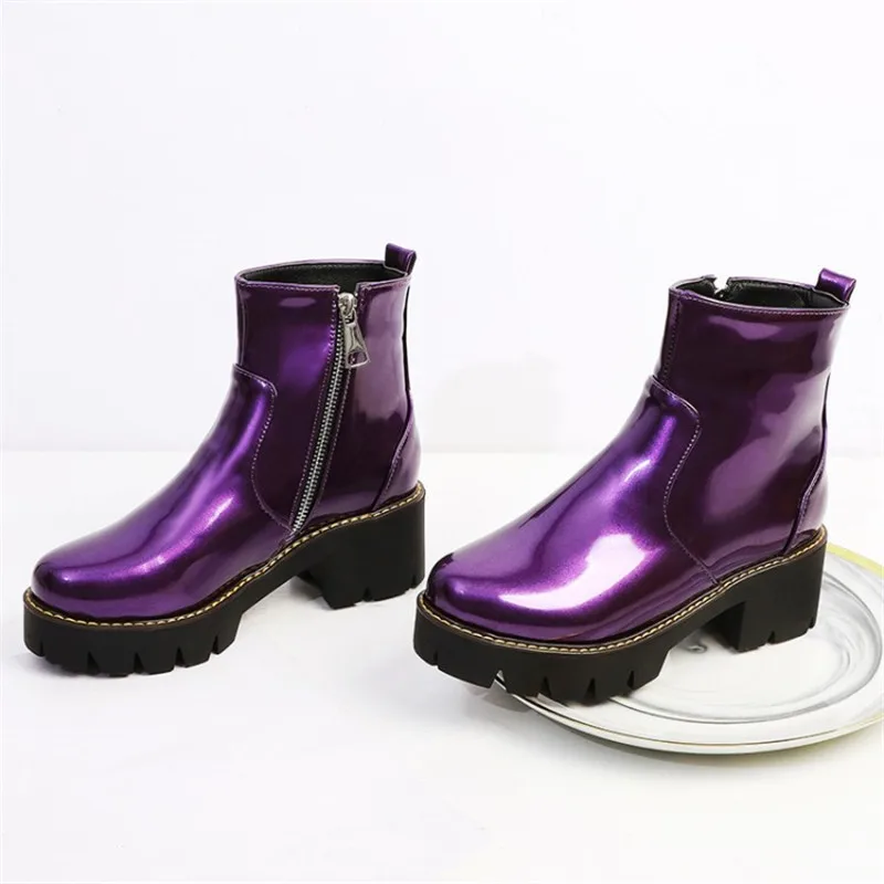 

Patent Leather Punk Combat Boots for Women Candy Color Purple Yellow Chunky Thick Heel