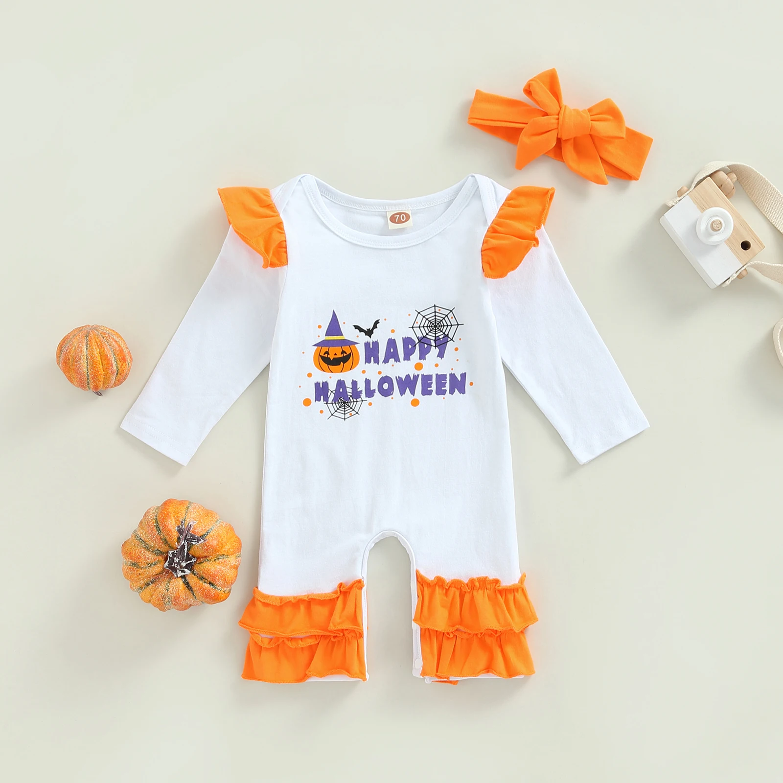

0-18 Months Full Sleeve Baby Girls 2pcs Halloween Outfits, Long Sleeve Pumpkin Letter Print Jumpsuit + Headband Set