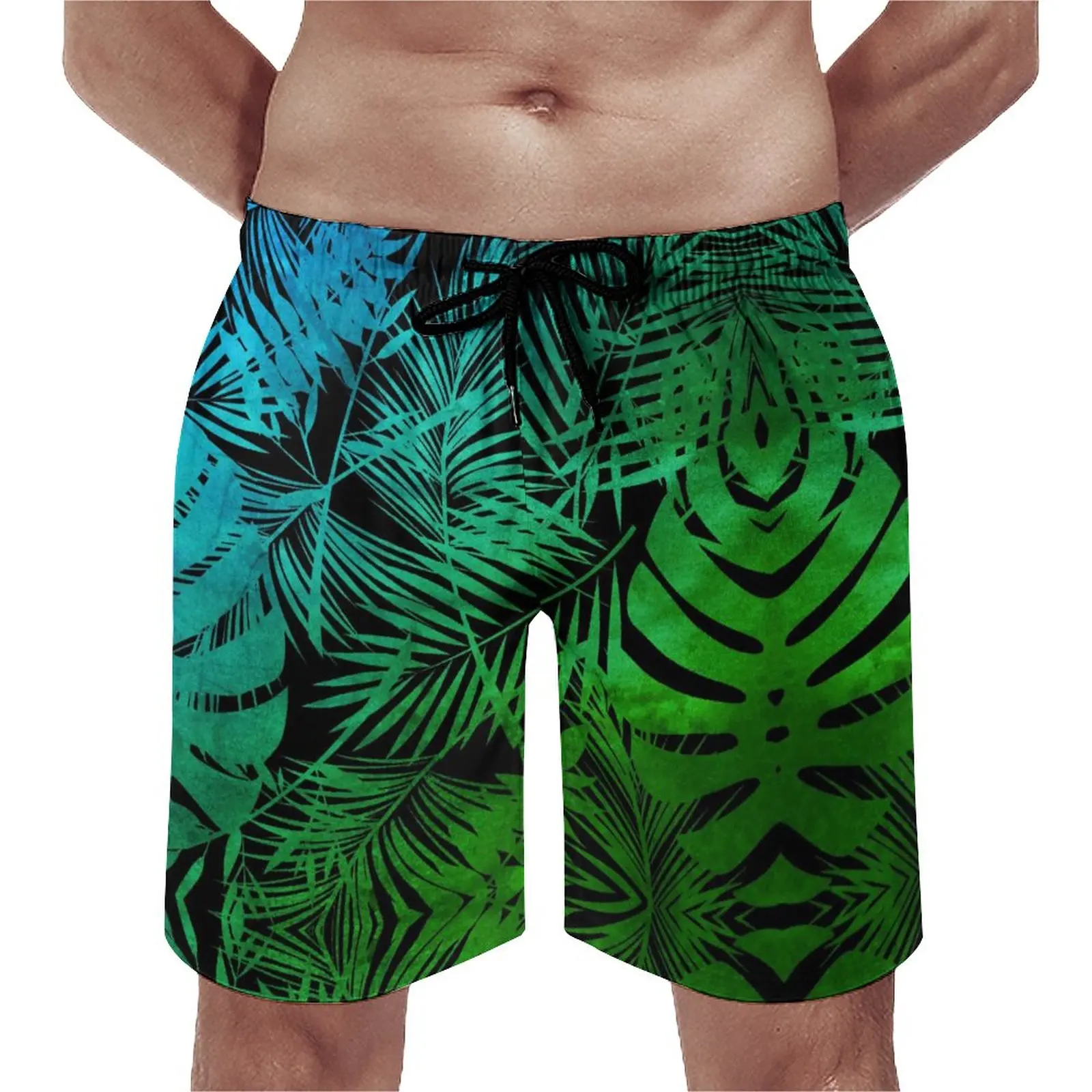 

Palm Leaf Print Gym Shorts Summer Green Ombre Tropical Funny Beach Short Pants Men Running Surf Comfortable Pattern Swim Trunks