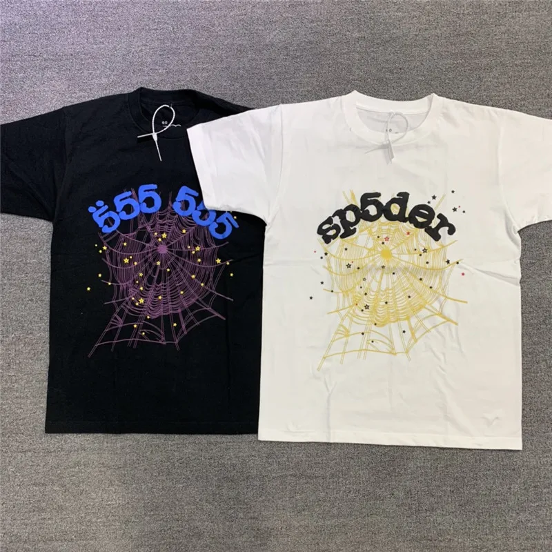 

Sp5der 555555 Angel Number Foam Print T Shirt Men Women 1:1 Best Quality Spider Web Pattern Glitter Letter Top