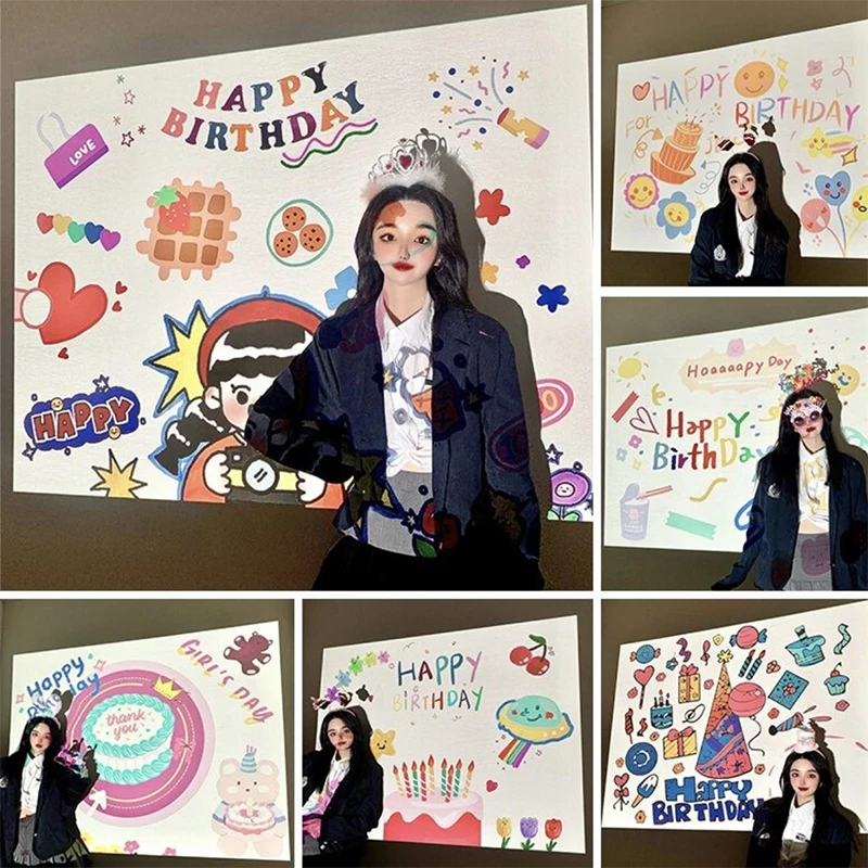 

Party Projector Happy Birthday Decoration Background For Home Lights LED Night Birthday Gift Photo Props Moon Projection