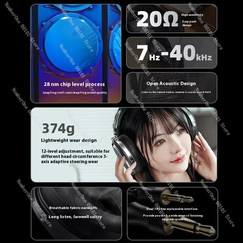 Наушники открытого типа с плоским оголовным ремешком, проводные Hi-Fi наушники с ультратонкой диафрагмой 1 мкм, 374 г, чувствительность 20 Ом, подарки (art.: 3920db423d11a) - 3920db423d11a