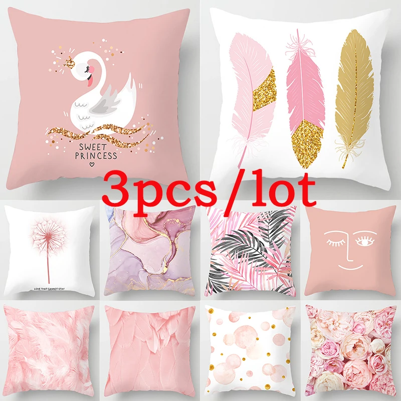 3pcs Pink Flower Feather Polyester Cushion Cover Living Room Sofa Home Decoration 45x45cm Leaves Plant Marble Waist Pillow Case
