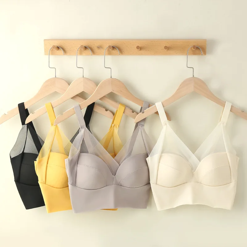 

Female Sexy Ice Silk Lingerie Push Up Bra Beauty Back Top Sling Wrap Chest Vest Wire Free Underwear Gathered Anti-empty Bralette