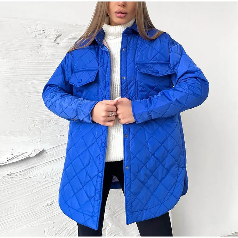 Long Breasted Lapel Loose and Warm Rhombus New 2023 Autumn and Winter Wild Thickened Cotton-Padded Coat for Women