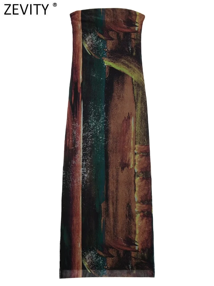 Zevity – robe de soirée mi-longue en Tulle  sans bretelles  Sexy  couleur assortie  imprimé  maille