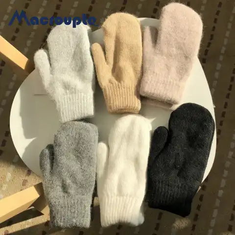 Женские двухслойные перчатки из кроличьего меха, зимние однотонные женские перчатки с пальцами в Корейском стиле, варежки для девочек