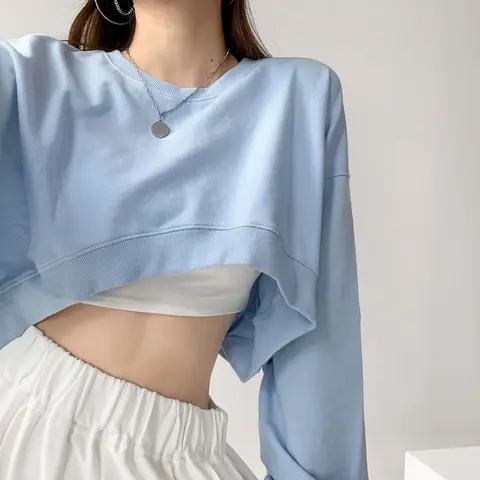 Short sweater women's 2022 autumn Korean solid color new loose round neck tops women's clothing hoodie sweatshirts