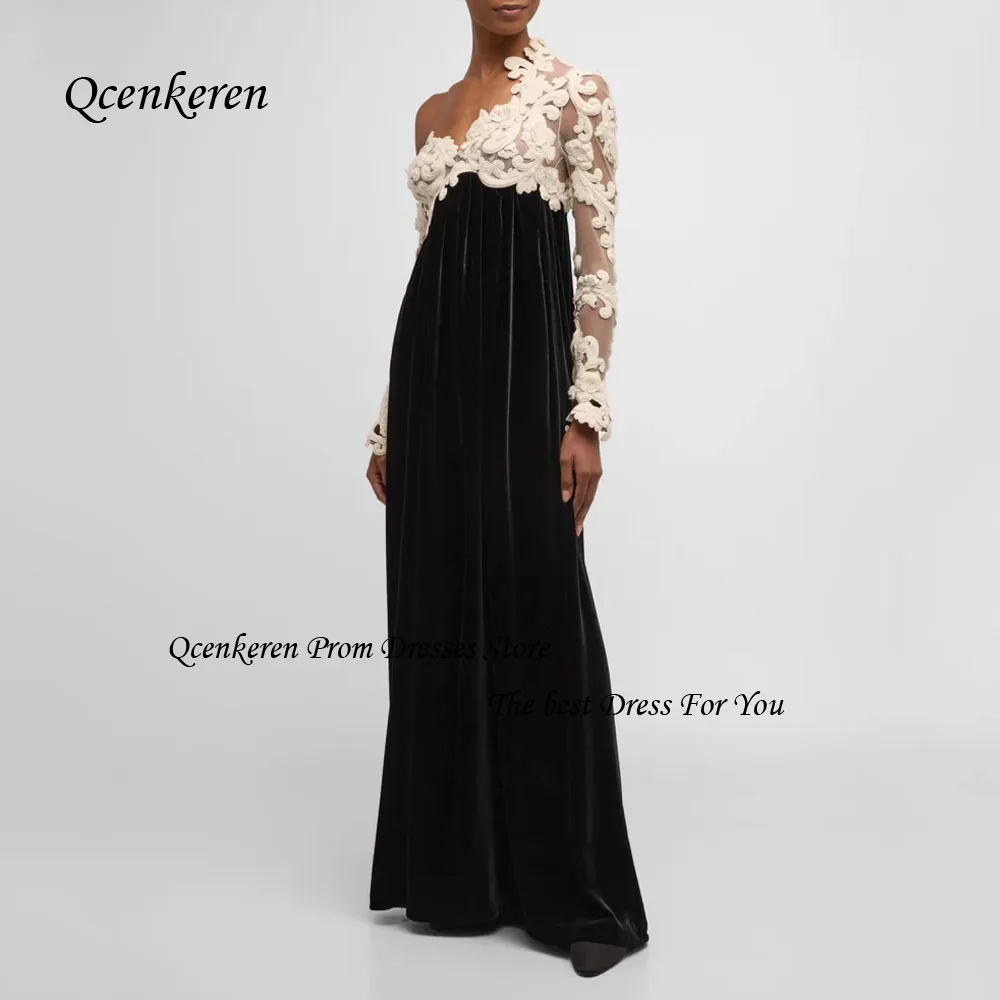 

Qcenkern, черное платье для выпускного вечера с V-образным вырезом, велюровое платье с вышивкой, а-силуэт, официальное вечернее платье до пола с длинным рукавом, великолепные платья из Дубая