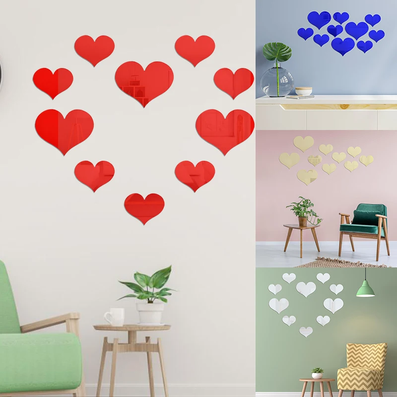 

10pcs Love Heart Mirror Wall Stickers Acrylic 3D Art Wall Decals Mural Removable Paster for Living Room Home Wedding Decoration
